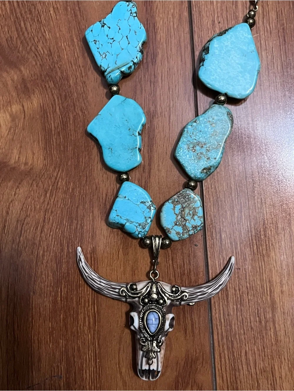 Shyanne Turquoise Stone Bull Skull Statement Necklace with Copper Accents